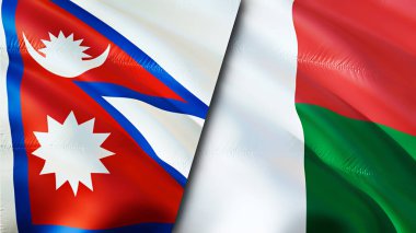 Nepal ve Madagaskar bayrakları. 3 boyutlu dalgalanan bayrak tasarımı. Nepal Madagaskar bayrağı, resim, duvar kağıdı. Nepal, Madagaskar 'a karşı, görüntü 3 boyutlu. Nepal Madagaskar ilişkileri ittifak ve ticaret, seyahat, turnuva