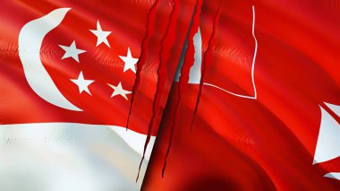 Singapur, Wallis ve yara izi olan Futuna bayrakları. Dalgalanan bayrak, 3 boyutlu görüntüleme. Singapur, Wallis ve Futuna çatışma konsepti. Singapur Wallis ve Futuna ilişkileri kavramı. Singapur bayrağı