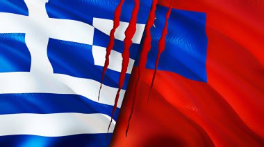 Yara izi olan Yunanistan ve Samoa bayrakları. Dalgalanan bayrak, 3 boyutlu görüntüleme. Yunanistan ve Samoa çatışma konsepti. Yunanistan Samoa ilişkileri kavramı. Yunanistan bayrağı ve Samoa krizi, savaş, saldırı konsepti