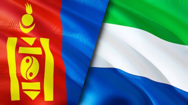 Moğolistan ve Sierra Leone bayrakları. 3 boyutlu dalgalanan bayrak tasarımı. Moğolistan Sierra Leone bayrağı, resim, duvar kağıdı. Moğolistan, Sierra Leone 'ye karşı. Görüntü 3 boyutlu. Moğolistan Sierra Leone ilişkileri