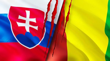 Yara izi olan Slovakya ve Gine bayrakları. Dalgalanan bayrak, 3 boyutlu görüntüleme. Slovakya ve Gine çatışması konsepti. Slovakya Gine ilişkileri kavramı. Slovakya ve Gine bayrağı krizi, savaş, saldırı konsepti
