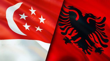 Singapur ve Arnavutluk bayrakları. 3 boyutlu dalgalanan bayrak tasarımı. Singapur Arnavutluk bayrağı, resim, duvar kağıdı. Singapur Arnavutluk 'a karşı, görüntü 3D. Singapur Arnavutluk ilişkileri ittifak ve ticaret, seyahat, turnuva