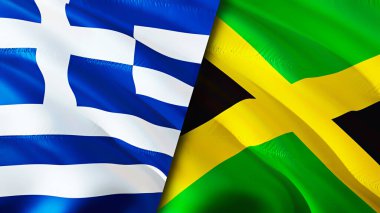 Yunanistan ve Jamaika bayrakları. 3 boyutlu dalgalanan bayrak tasarımı. Yunanistan Jamaika bayrağı, resim, duvar kağıdı. Yunanistan Jamaika 'ya karşı, görüntü 3D. Yunanistan Jamaika ilişkileri ittifak ve ticaret, seyahat ve turizm consepti