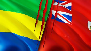 Gabon ve Bermuda bayrakları yara izi konseptiyle. Dalgalanan bayrak, 3 boyutlu görüntüleme. Gabon ve Bermuda çatışma konsepti. Gabon Bermuda ilişkileri kavramı. Gabon ve Bermuda bayrağı krizi, savaş, saldırı konsepti