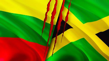 Yara izi olan Litvanya ve Jamaika bayrakları. Dalgalanan bayrak, 3 boyutlu görüntüleme. Litvanya ve Jamaika çatışması konsepti. Litvanya Jamaika ilişkileri kavramı. Litvanya ve Jamaika bayrağı krizi, savaş, attac