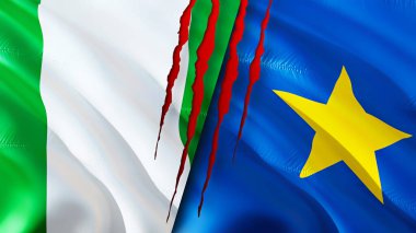 Nijerya ve DR Kongo bayraklarında yara izi var. Dalgalanan bayrak, 3 boyutlu görüntüleme. Nijerya ve DR Kongo çatışma konsepti. Nijerya DR Kongo ilişkileri kavramı. Nijerya ve DR Kongo bayrağı krizi, savaş, attac