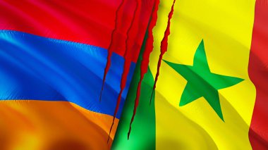 Yara izi olan Ermenistan ve Senegal bayrakları. Dalgalanan bayrak, 3 boyutlu görüntüleme. Ermenistan ve Senegal çatışma konsepti. Ermenistan Senegal ilişkileri kavramı. Ermenistan bayrağı ve Senegal krizi, savaş, saldırı
