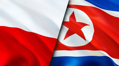 Polonya ve Kuzey Kore bayrakları. 3 boyutlu dalgalanan bayrak tasarımı. Polonya Kuzey Kore bayrağı, resim, duvar kağıdı. Polonya, Kuzey Kore 'ye karşı. Görüntü 3D. Polonya Kuzey Kore ilişkileri ittifakı