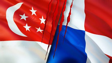 Yara izi olan Singapur ve Panama bayrakları. Dalgalanan bayrak, 3 boyutlu görüntüleme. Singapur ve Panama çatışma konsepti. Singapur Panama ilişkileri kavramı. Singapur bayrağı ve Panama krizi, savaş, attac