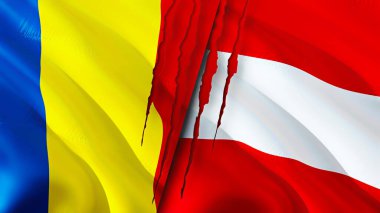 Romanya ve Avusturya yara izi kavramına sahip bayraklar. Dalgalanan bayrak, 3 boyutlu görüntüleme. Romanya ve Avusturya ihtilaf konsepti. Romanya Avusturya ilişkileri kavramı. Romanya ve Avusturya 'nın bayrağı kriz, savaş, saldırı konsepti