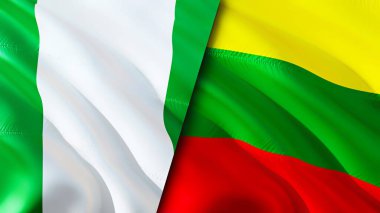 Nijerya ve Litvanya bayrakları. 3 boyutlu dalgalanan bayrak tasarımı. Nijerya Litvanya bayrağı, resim, duvar kağıdı. Nijerya, Litvanya 'ya karşı, görüntü 3 boyutlu. Nijerya Litvanya ilişkileri ittifak ve ticaret, seyahat, turnuva
