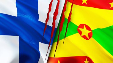 Finlandiya ve Grenada yara izi kavramına sahip bayraklar. Dalgalanan bayrak, 3 boyutlu görüntüleme. Finlandiya ve Grenada çatışma konsepti. Finlandiya Grenada ilişkileri kavramı. Finlandiya bayrağı ve Grenada krizi, savaş, saldırı konsepti