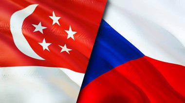 Singapur ve Çek bayrakları. 3 boyutlu dalgalanan bayrak tasarımı. Singapur Çek bayrağı, resim, duvar kağıdı. Singapur, Çek imajına karşı, 3D görüntüleme. Singapur Çek İlişkileri İttifak ve Ticaret, Seyahat, Turizm Konsepti