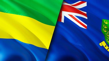 Gabon ve British Virgin Adaları bayrakları. 3 boyutlu dalgalanan bayrak tasarımı. Gabon Britanya Virjin Adaları bayrağı, resim, duvar kağıdı. Gabon, British Virgin Adaları 'na karşı. Görüntü 3 boyutlu. Gabon İngiliz Virgin Adası