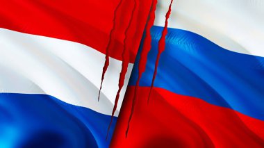 Hollanda ve Rusya yara izi kavramına sahip bayraklar. Dalgalanan bayrak, 3 boyutlu görüntüleme. Hollanda ve Rusya çatışma konsepti. Hollanda Rusya ilişkileri kavramı. Hollanda bayrağı ve Rusya krizi, savaş