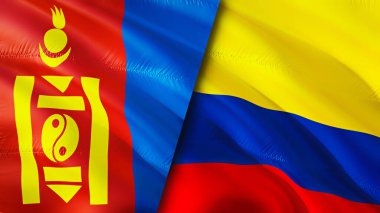 Moğolistan ve Kolombiya bayrakları. 3 boyutlu dalgalanan bayrak tasarımı. Moğolistan Kolombiya bayrağı, resim, duvar kağıdı. Moğolistan Kolombiya 'ya karşı, görüntü 3 boyutlu. Moğolistan Kolombiya ilişkileri ittifak ve ticaret, seyahat, turnuva