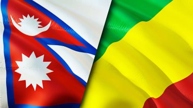 Nepal ve Kongo bayrakları. 3 boyutlu dalgalanan bayrak tasarımı. Nepal Kongo bayrağı, resim, duvar kağıdı. Nepal, Kongo 'ya karşı görüntüsü, 3D görüntüleme. Nepal Kongo ilişkileri ittifak ve ticaret, seyahat, turizm konsepti