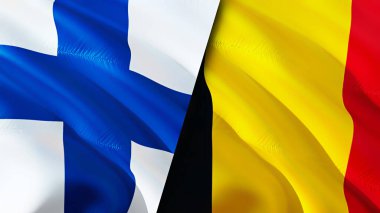 Finlandiya ve Belçika bayrakları. 3 boyutlu dalgalanan bayrak tasarımı. Finlandiya Belçika bayrağı, resim, duvar kağıdı. Finlandiya, Belçika 'ya karşı, görüntü 3D. Finlandiya-Belçika ilişkileri ittifak ve ticaret, seyahat, turizm danışmanlığı