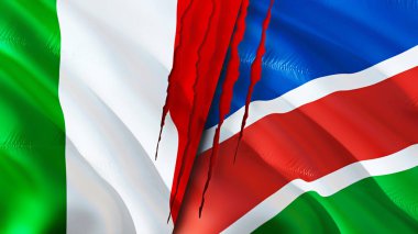 İtalya ve Namibya bayraklarında yara izi var. Dalgalanan bayrak, 3 boyutlu görüntüleme. İtalya ve Namibya çatışma konsepti. İtalya Namibya ilişkileri kavramı. İtalya ve Namibya bayrağı krizi, savaş, saldırı konsepti