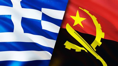 Yunanistan ve Angola bayrakları. 3 boyutlu dalgalanan bayrak tasarımı. Yunanistan Angola bayrağı, resim, duvar kağıdı. Yunanistan, Angola 'ya karşı, görüntü 3 boyutlu. Yunanistan Angola ilişkileri ittifak ve ticaret, seyahat ve turizm konsepti
