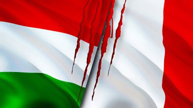 Macaristan ve Malta bayraklarında yara izi var. Dalgalanan bayrak, 3 boyutlu görüntüleme. Macaristan ve Malta çatışma konsepti. Macaristan Malta ilişkileri kavramı. Macaristan ve Malta bayrağı kriz, savaş, saldırı konsepti