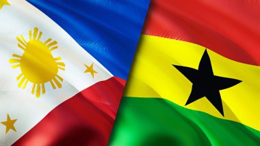Filipinler ve Gana bayrakları. 3 boyutlu dalgalanan bayrak tasarımı. Filipinler Gana bayrağı, resim, duvar kağıdı. Filipinler, Gana 'ya karşı, görüntü 3 boyutlu. Filipinler Gana ilişkileri ittifak ve ticaret, seyahat, turnuva