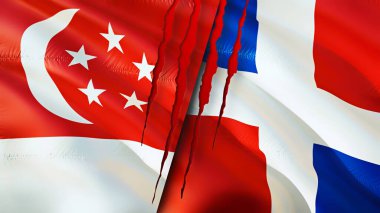 Yara izi olan Singapur ve Dominik Cumhuriyeti bayrakları. Dalgalanan bayrak, 3 boyutlu görüntüleme. Singapur ve Dominik Cumhuriyeti çatışma konsepti. Singapur Dominik Cumhuriyeti ilişkileri kavramı. bayrak o