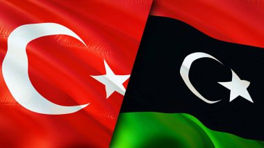 Türkiye ve Libya bayrakları. 3 boyutlu dalgalanan bayrak tasarımı. Türkiye Libya bayrağı, resim, duvar kağıdı. Türkiye Libya 'ya karşı, görüntü 3D. Türkiye Libya ilişkileri ittifak ve ticaret, seyahat ve turizm konsepti