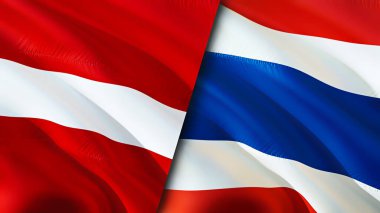 Letonya ve Tayland bayrakları. 3 boyutlu dalgalanan bayrak tasarımı. Letonya Tayland bayrağı, resim, duvar kağıdı. Letonya, Tayland 'a karşı, görüntü 3 boyutlu. Letonya Tayland ilişkileri ittifak ve ticaret, seyahat, turizm konsepti