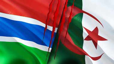 Gambiya ve Cezayir bayraklarında yara izi var. Dalgalanan bayrak, 3 boyutlu görüntüleme. Gambiya ve Cezayir çatışma konsepti. Gambiya Cezayir ilişkileri kavramı. Gambiya ve Cezayir bayrağı krizi, savaş, saldırı konsepti