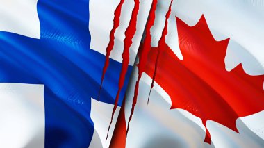 Yara izi olan Finlandiya ve Kanada bayrakları. Dalgalanan bayrak, 3 boyutlu görüntüleme. Finlandiya ve Kanada çatışma konsepti. Finlandiya Kanada ilişkileri kavramı. Finlandiya ve Kanada bayrağı krizi, savaş, saldırı konsepti
