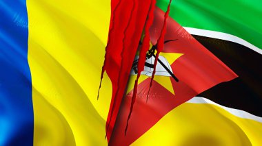 Romanya ve Mozambik bayrakları. 3 boyutlu dalgalanan bayrak tasarımı. Romanya Mozambik bayrağı, resim, duvar kağıdı. Romanya, Mozambik 'e karşı, görüntü 3D. Romanya Mozambik ilişkileri ittifakı