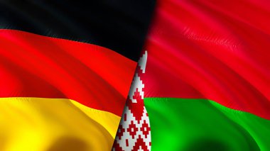 Almanya ve Belarus bayrakları. 3 boyutlu dalgalanan bayrak tasarımı. Almanya Belarus bayrağı, resim, duvar kağıdı. Almanya, Belarus 'a karşı, görüntü 3 boyutlu. Almanya Belarus ilişkileri ittifak ve ticaret, seyahat, turizm konsepti