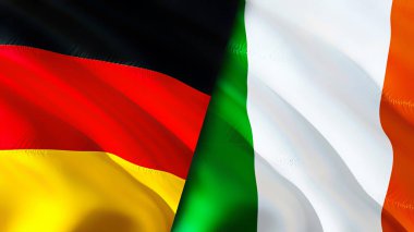 Almanya ve İrlanda bayrakları. 3 boyutlu dalgalanan bayrak tasarımı. Almanya bayrağı, resim, duvar kağıdı. Almanya, İrlanda 'ya karşı, görüntü 3D. Almanya İrlanda ilişkileri ittifak ve ticaret, seyahat, turizm konsepti