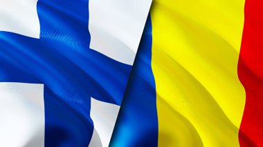 Finlandiya ve Romanya bayrakları. 3 boyutlu dalgalanan bayrak tasarımı. Finlandiya Romanya bayrağı, resim, duvar kağıdı. Finlandiya, Romanya 'ya karşı imaj, 3D görüntüleme. Finlandiya ile ilişkiler ittifak ve ticaret, seyahat ve turizm kavramları