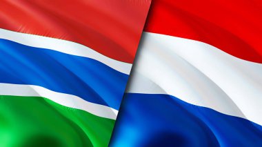 Gambiya ve Hollanda bayrakları. 3 boyutlu dalgalanan bayrak tasarımı. Gambiya Hollanda bayrağı, resim, duvar kağıdı. Gambiya Hollanda 'ya karşı, görüntü 3 boyutlu. Gambiya Hollanda ilişkileri bir ittifak