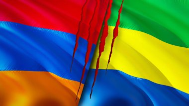 Yara izi olan Ermenistan ve Gabon bayrakları. Dalgalanan bayrak, 3 boyutlu görüntüleme. Ermenistan ve Gabon çatışma konsepti. Ermenistan Gabon ilişkileri kavramı. Ermenistan ve Gabon bayrağı krizi, savaş, saldırı konsepti
