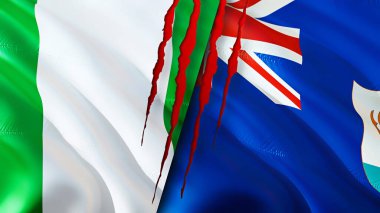 Nijerya ve Anguilla yara izi olan bayraklar. Dalgalanan bayrak, 3 boyutlu görüntüleme. Nijerya ve Anguilla çatışma konsepti. Nijerya Anguilla ilişkileri kavramı. Nijerya bayrağı ve Anguilla krizi, savaş, attac