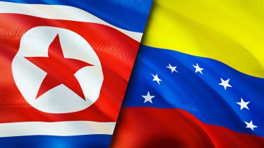 Kuzey Kore ve Venezuela bayrakları. 3 boyutlu dalgalanan bayrak tasarımı. Kuzey Kore Venezuela bayrağı, resim, duvar kağıdı. Kuzey Kore, Venezuela 'ya karşı, görüntü 3 boyutlu. Kuzey Kore Venezuela ilişkileri
