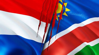 Hollanda ve Namibya bayrakları ve yara izi konsepti. Dalgalanan bayrak, 3 boyutlu görüntüleme. Hollanda ve Namibya çatışması konsepti. Hollanda Namibya ilişkileri kavramı. Hollanda ve Namibi bayrağı