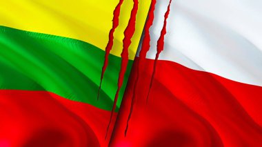 Yara izi olan Litvanya ve Polonya bayrakları. Dalgalanan bayrak, 3 boyutlu görüntüleme. Litvanya ve Polonya çatışma konsepti. Litvanya Polonya ilişkileri kavramı. Litvanya ve Polonya bayrağı krizi, savaş, attac