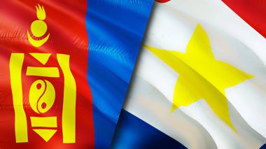 Moğolistan ve Saba Adası bayrakları. 3 boyutlu dalgalanan bayrak tasarımı. Moğolistan Saba Adası bayrağı, resim, duvar kağıdı. Moğolistan, Saba Adası 'na karşı. Görüntü 3 boyutlu. Moğolistan Saba Adası ilişkileri ve