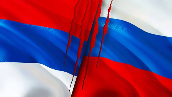 Serbia and Russia flags with scar concept. Waving flag,3D rendering. Serbia and Russia conflict concept. Serbia Russia relations concept. flag of Serbia and Russia crisis,war, attack concep