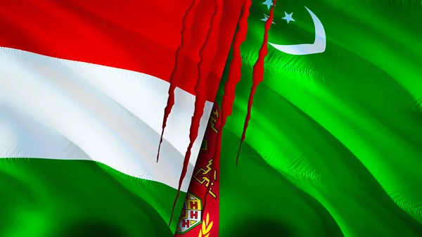헝가리와 투르크메니스탄의 깃발에는 상처가 웨이브 플래그 렌더링 헝가리와 투르크메니스탄간의 분쟁이라는 — 스톡 사진
