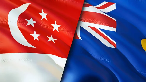 新加坡和圣赫勒拿的国旗 3D波浪旗帜设计 新加坡圣赫勒拿国旗 新加坡对圣赫勒拿图像 3D渲染 新加坡圣赫勒拿关系联盟 — 图库照片