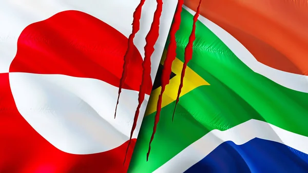 Greenland and South Africa flags with scar concept. Waving flag,3D rendering. Greenland and South Africa conflict concept. Greenland South Africa relations concept. flag of Greenland and Sout