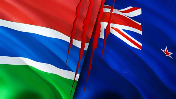 Bandeiras Gâmbia Nova Zelândia Com Conceito Cicatriz Bandeira Ondulada Renderização — Fotografia de Stock