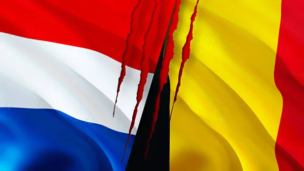 Netherlands and Belgium flags with scar concept. Waving flag,3D rendering. Netherlands and Belgium conflict concept. Netherlands Belgium relations concept. flag of Netherlands and Belgiu