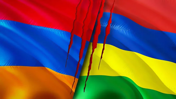 亚美尼亚和毛里求斯的国旗带有伤疤概念 飘扬的旗帜 3D渲染 亚美尼亚和毛里求斯冲突概念 亚美尼亚 毛里求斯关系概念 亚美尼亚和毛里求斯国旗 — 图库照片
