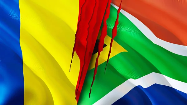 Romania and South Africa flags with scar concept. Waving flag,3D rendering. Romania and South Africa conflict concept. Romania South Africa relations concept. flag of Romania and South Afric